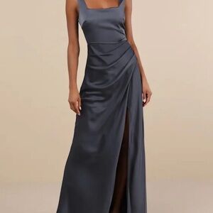 Lulus Red Carpet Romance Dark Grey Satin Square Neck Maxi Dress NWOT size XL